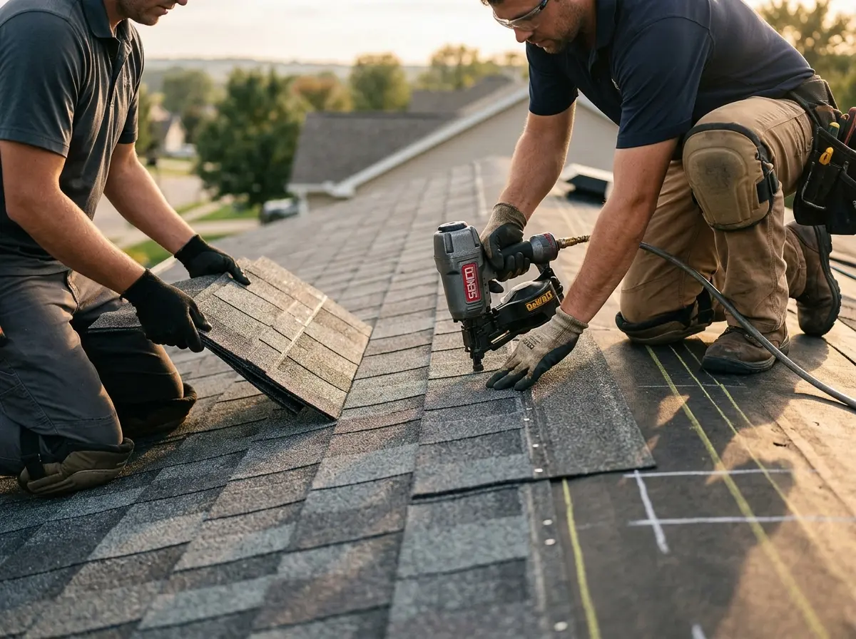 Professional roofer working on a residential roof in Newtown